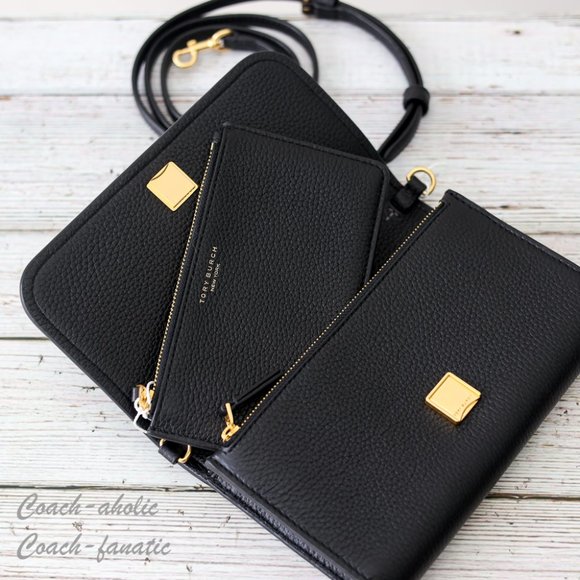 NWT Tory Burch Thea Small Pebble Leather Flat Wallet Crossbody in Black - Picture 9 of 12
